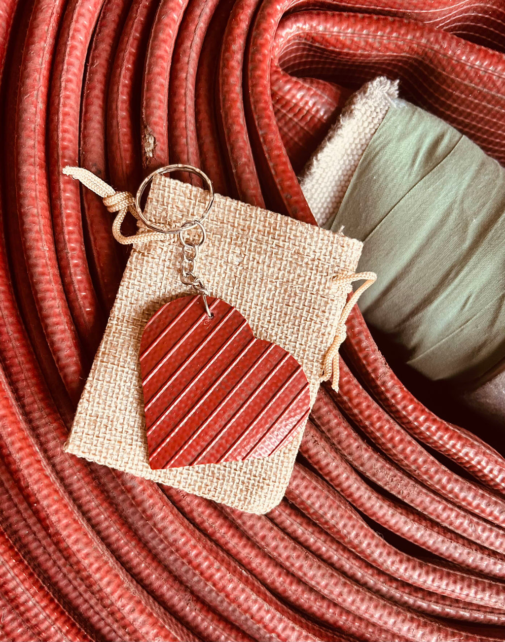 Heroes Carry Love – Playful Heart Keyring Handmade from Recycled Fire Hose