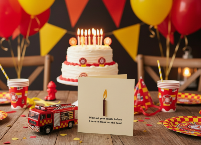 Heroes Celebrate Too – Playful Firefighter Birthday Greeting Card Made from Ex-Fire Hose
