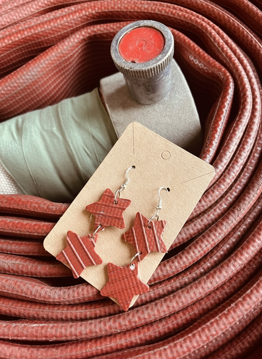 Shine Like a Hero – Playful Double-Star Earrings Handmade from Recycled Fire Hose