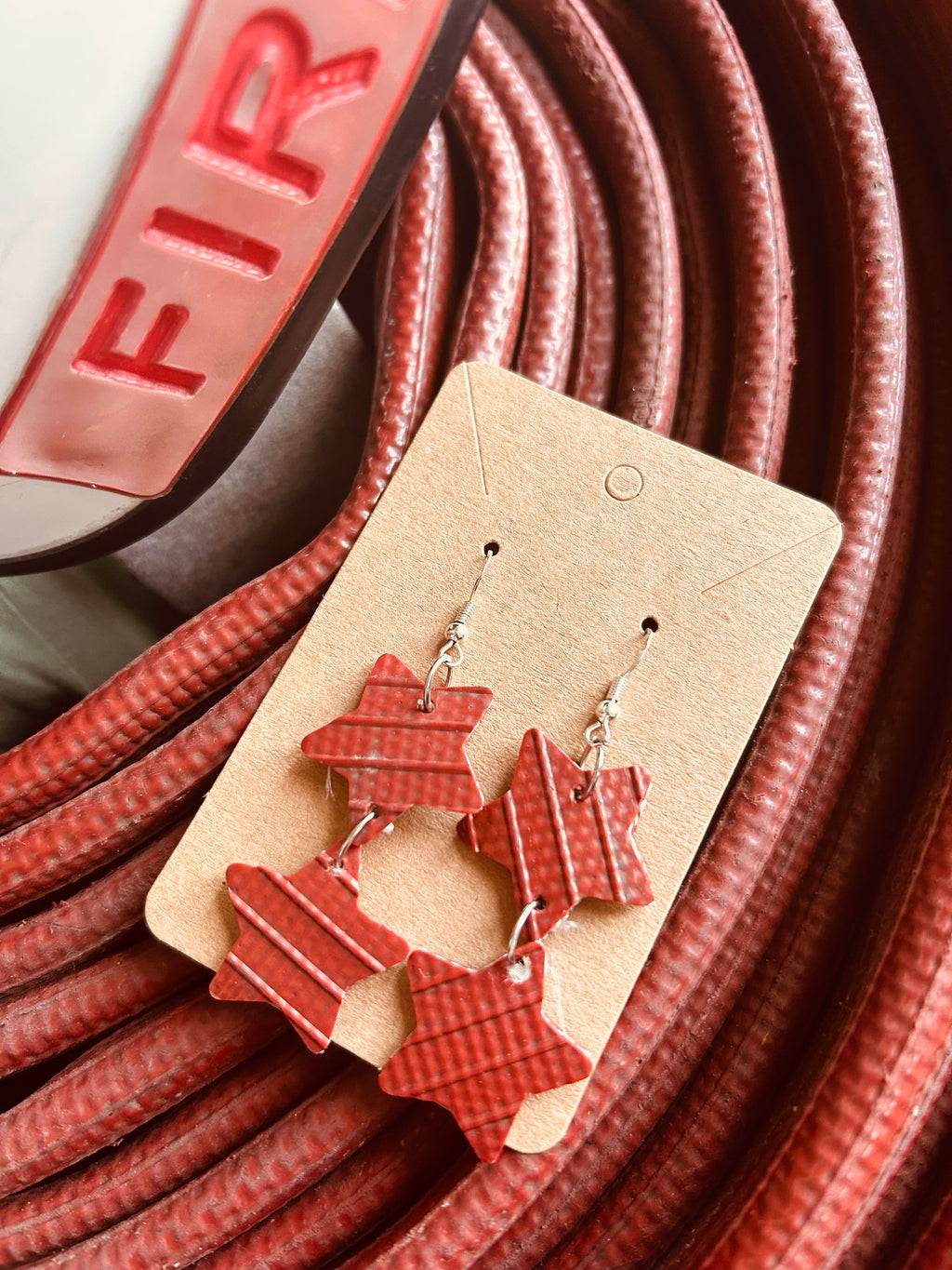 Shine Like a Hero – Playful Double-Star Earrings Handmade from Recycled Fire Hose
