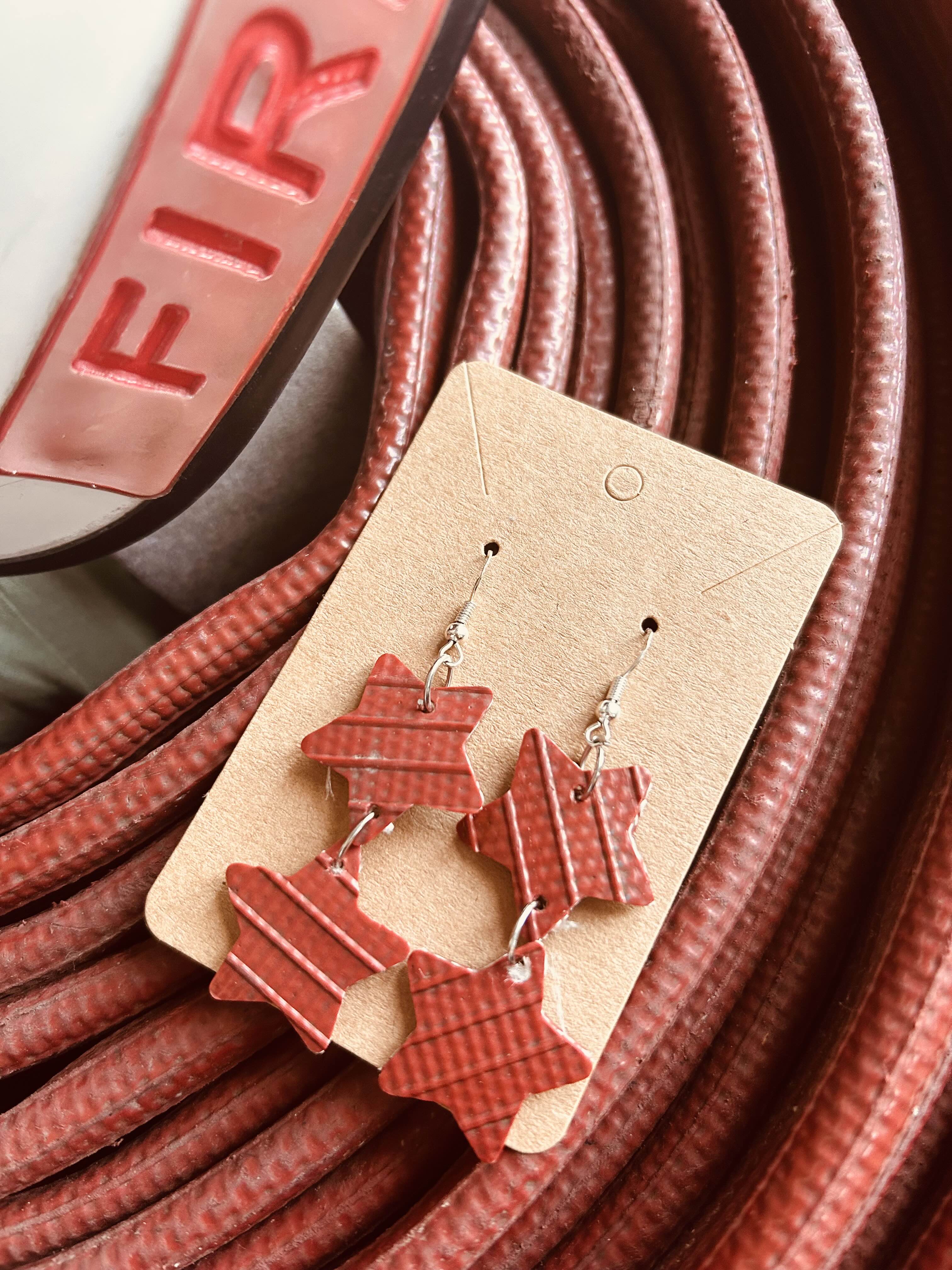 Shine Like a Hero – Playful Double-Star Earrings Handmade from Recycled Fire Hose