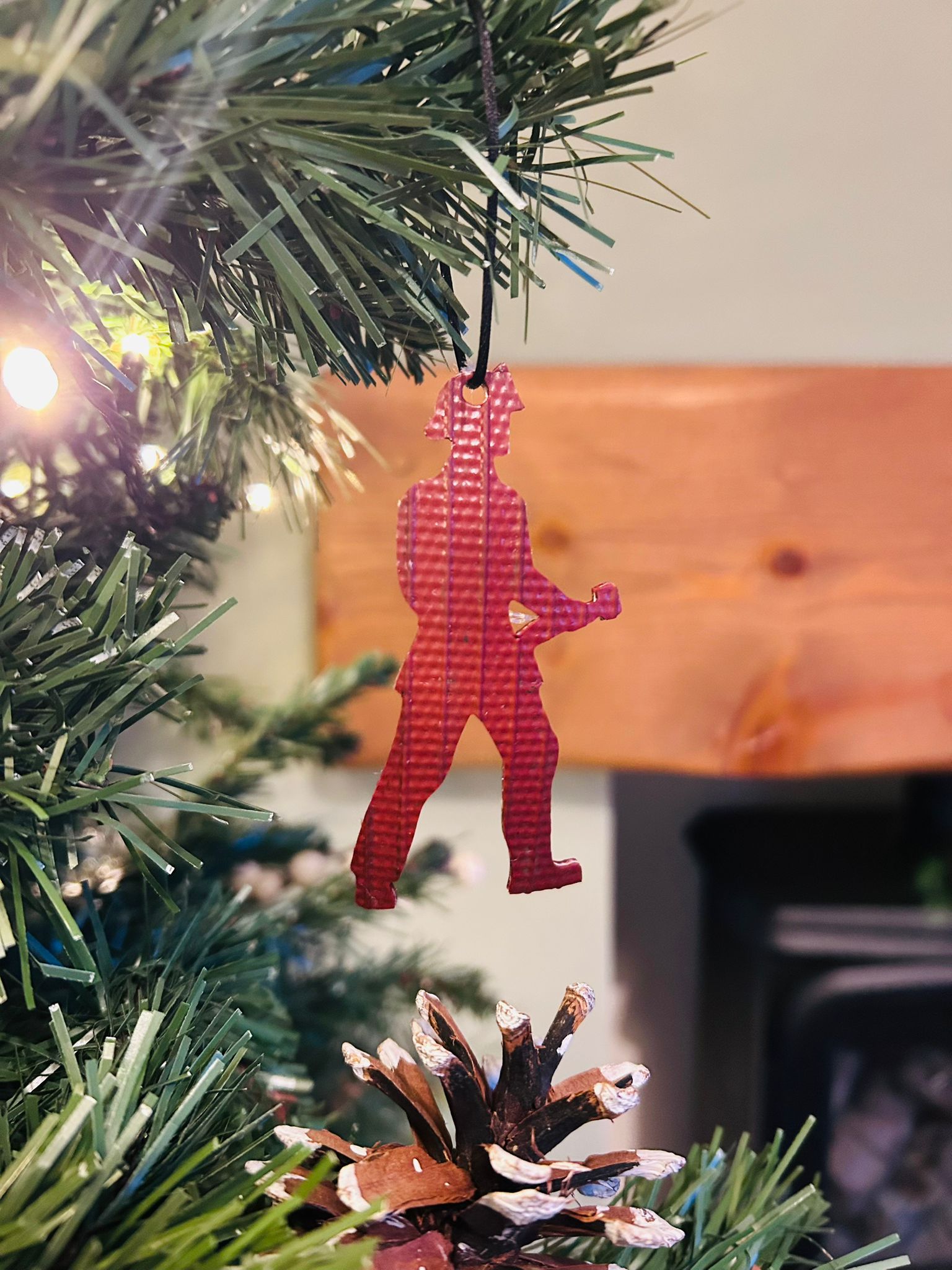 Eco-Friendly Christmas Tree Firefighter ornament – Handmade from Recycled Fire Hose -RED