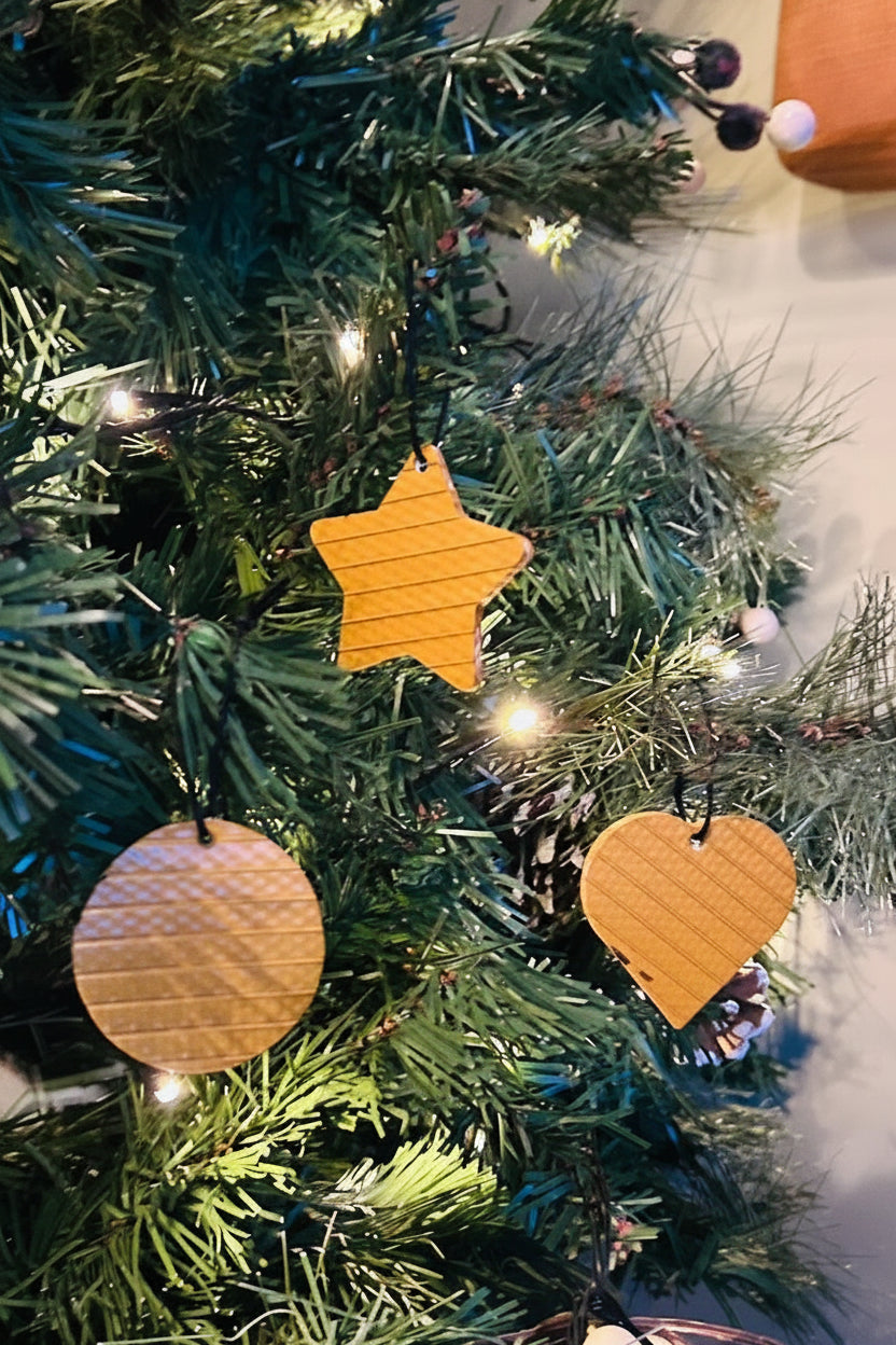 From Fire to Festive – 3 Upcycled Fire Hose Christmas Ornaments - yellow