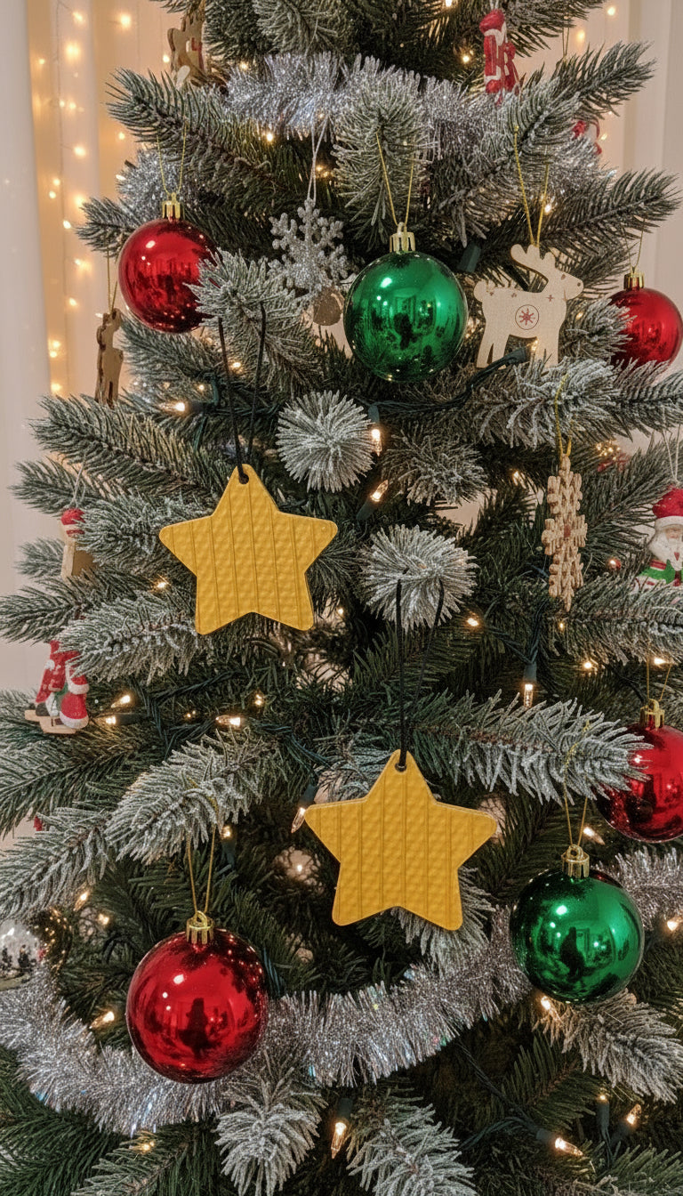 Eco-Friendly Christmas Tree Star & Baubles – Handmade from Recycled Fire Hose - yellow