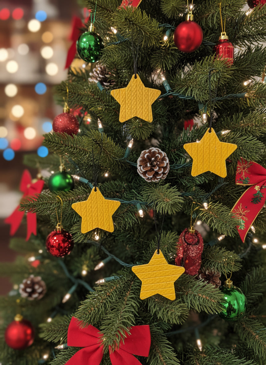 Eco-Friendly Christmas Tree Star & Baubles – Handmade from Recycled Fire Hose - yellow