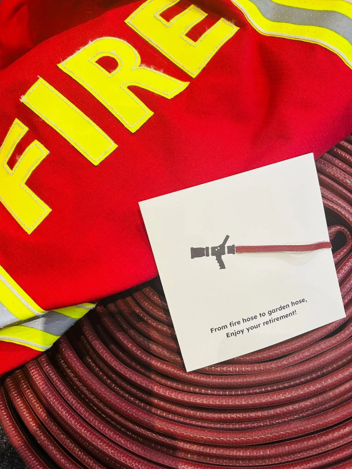 From Fire to Freedom – Eco-Friendly Firefighter Retirement Card Crafted from Decommissioned Fire Hose