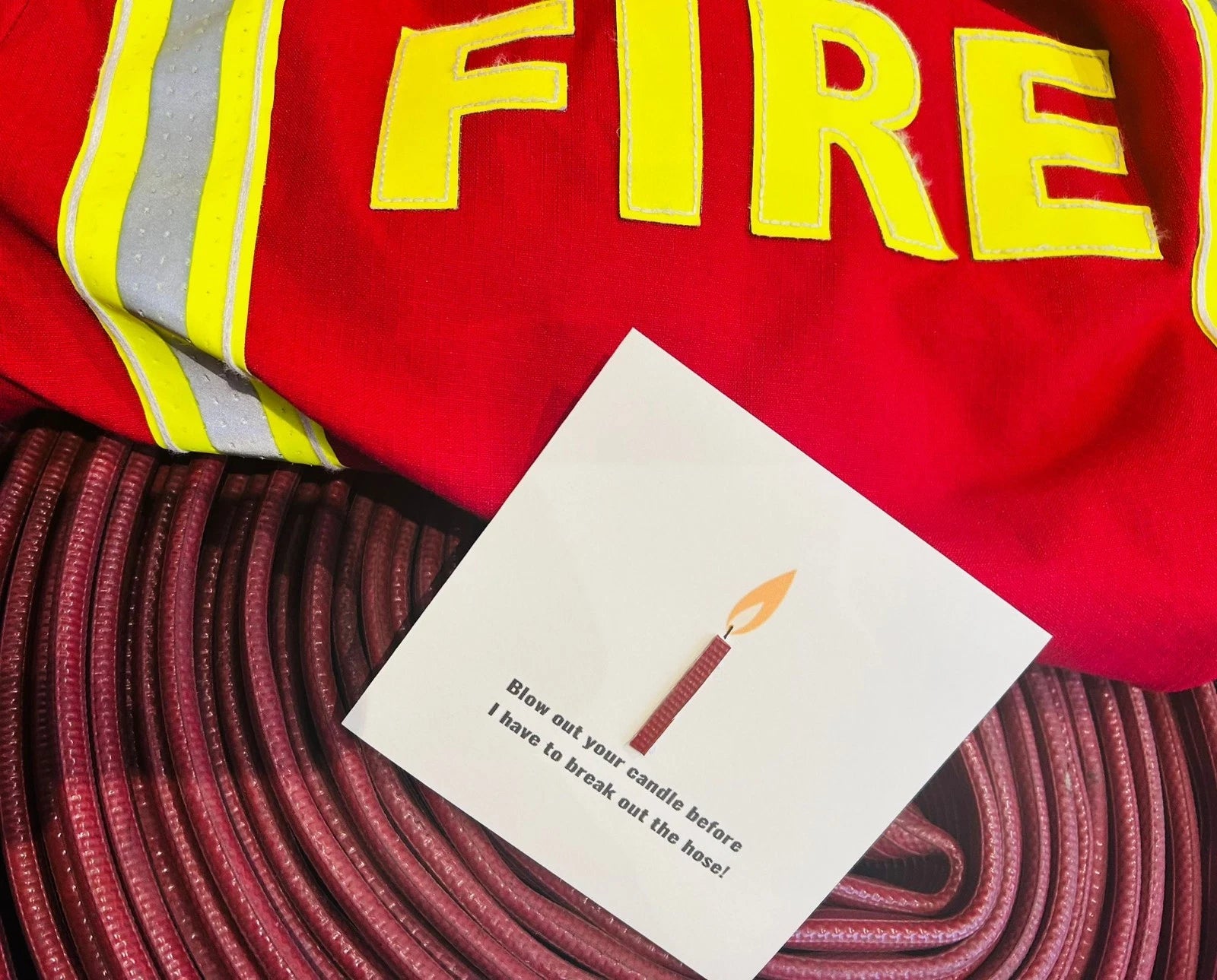 Heroes Celebrate Too – Playful Firefighter Birthday Greeting Card Made from Ex-Fire Hose