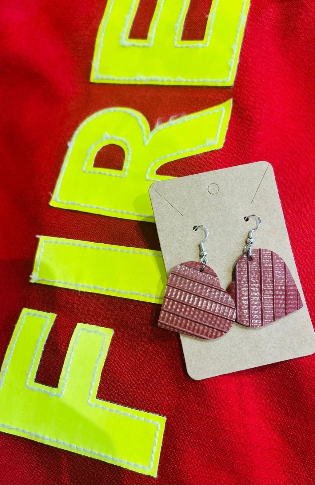 Hose to Haute – Unique Heart Earrings Crafted from Decommissioned Fire Hose
