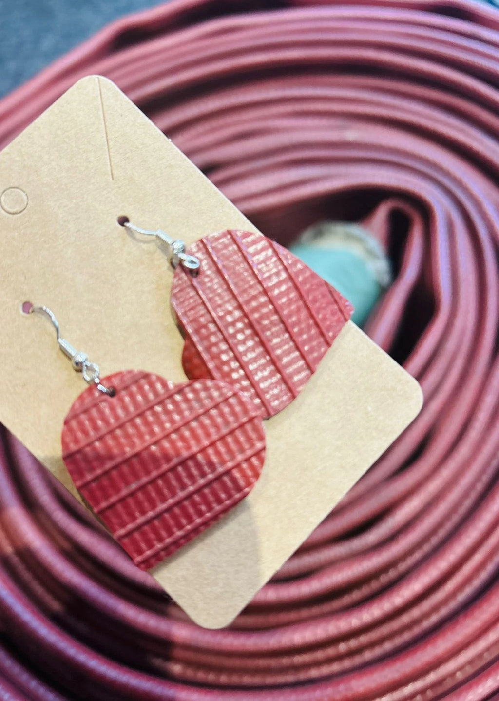 Hose to Haute – Unique Heart Earrings Crafted from Decommissioned Fire Hose