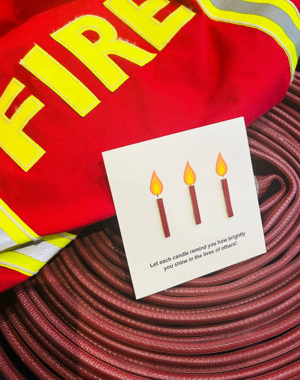 Heroes Deserve Thanks – Playful Firefighter Greeting Card Made from Ex-Fire Hose