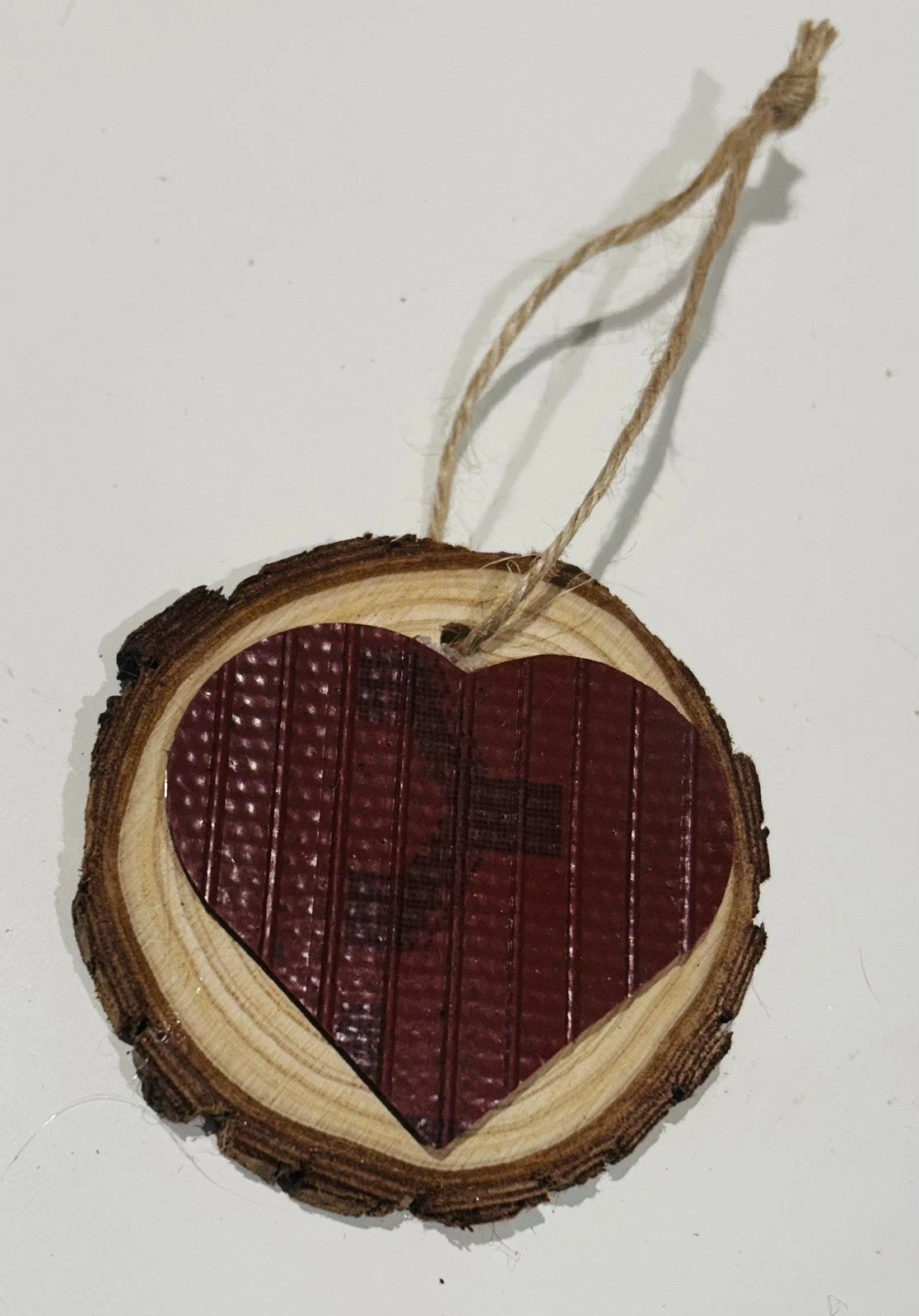 Upcycled wooden Christmas Log - Christmas Decoration - Fire Hose Heart