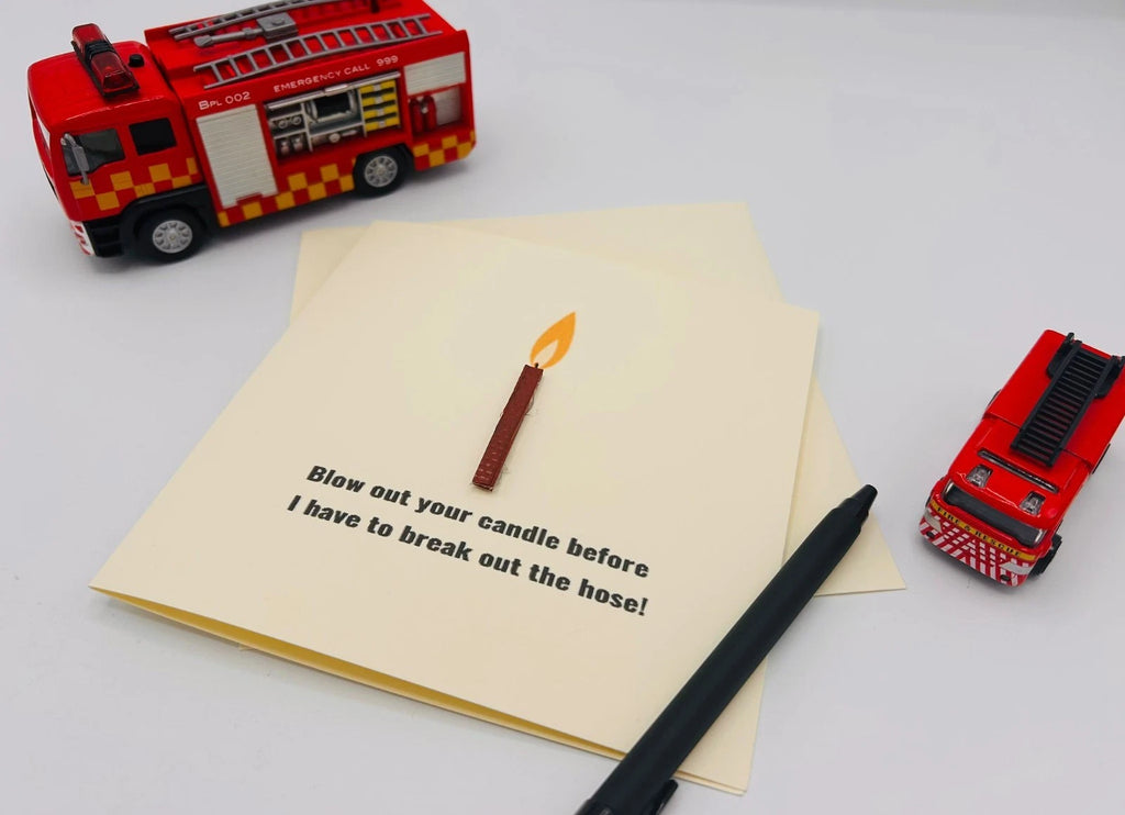 Heroes Celebrate Too – Playful Firefighter Birthday Greeting Card Made from Ex-Fire Hose
