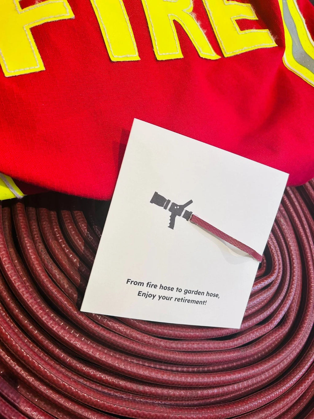 From Fire to Freedom – Eco-Friendly Firefighter Retirement Card Crafted from Decommissioned Fire Hose